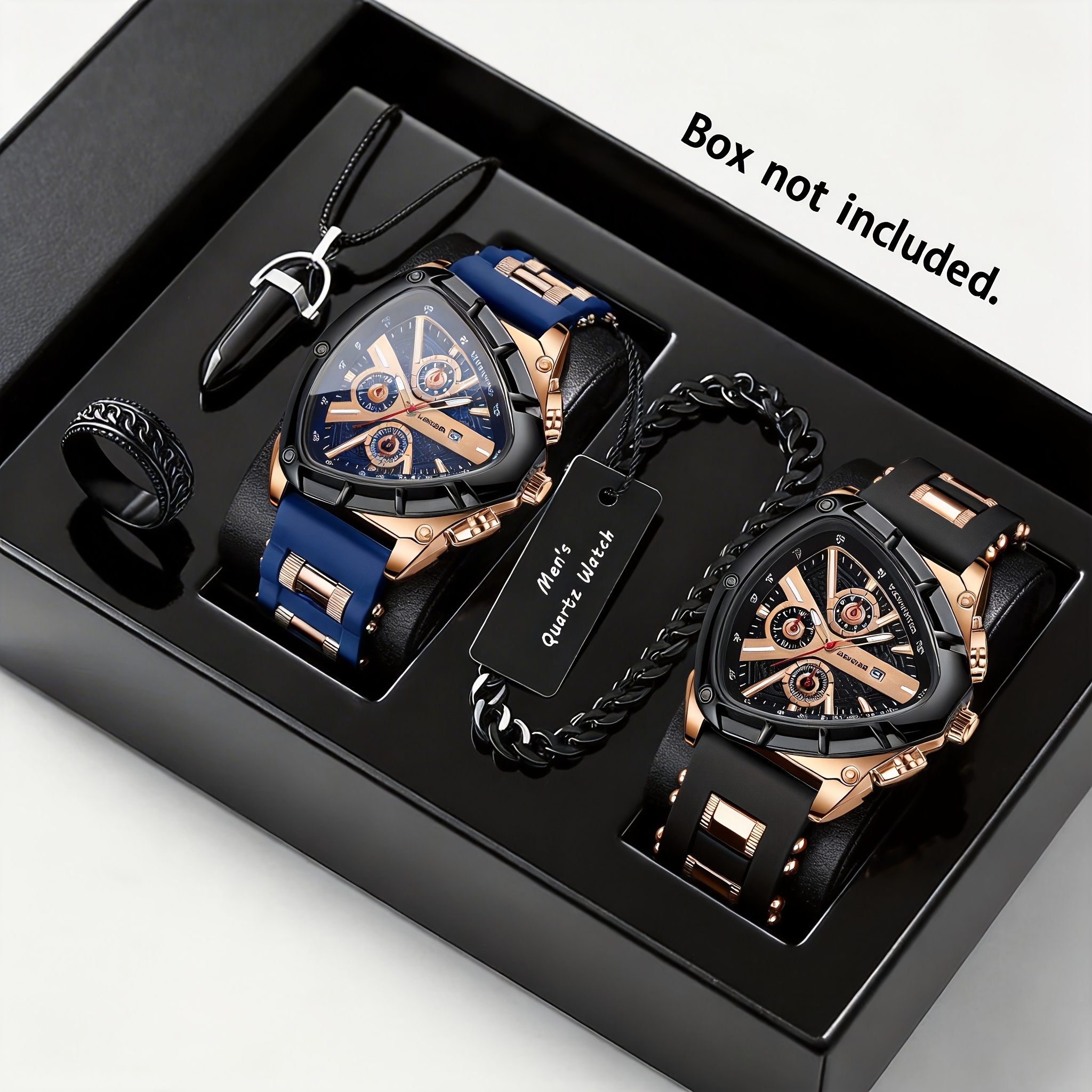 4pcs *'s * Casual Quartz Watch Set with Necklace, Bracelet, and Ring Jewelry. Features an Alloy Case, Triangular Dial, and Comfortable Silicone Strap. A Trendy Classic Watch Suitable for Daily Wear or Special Occasions