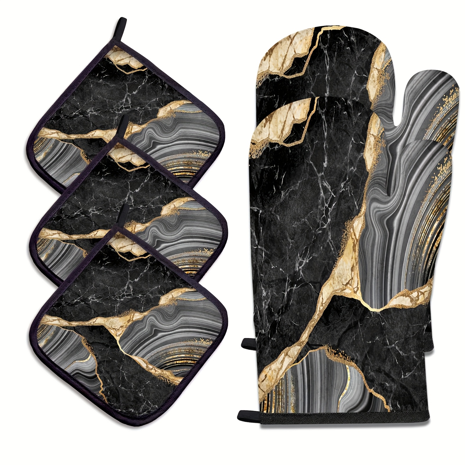 TEMU Black Oven Mitts And Pot Holders Set, Artistic Marble Heat Resistant Oven Gloves - Comfortable And Easy To Clean - Accessories For Durability And Style