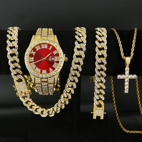 set of 4 pieces mens watch set mens cuban necklace bracelet set mens and womens holiday gifts christmas gifts