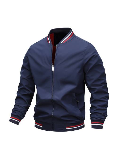 1pc of stylish thin jacket for men suitable for spring and autumn baseball climbing and casual wear featuring a solid color fit stand up collar and zipper