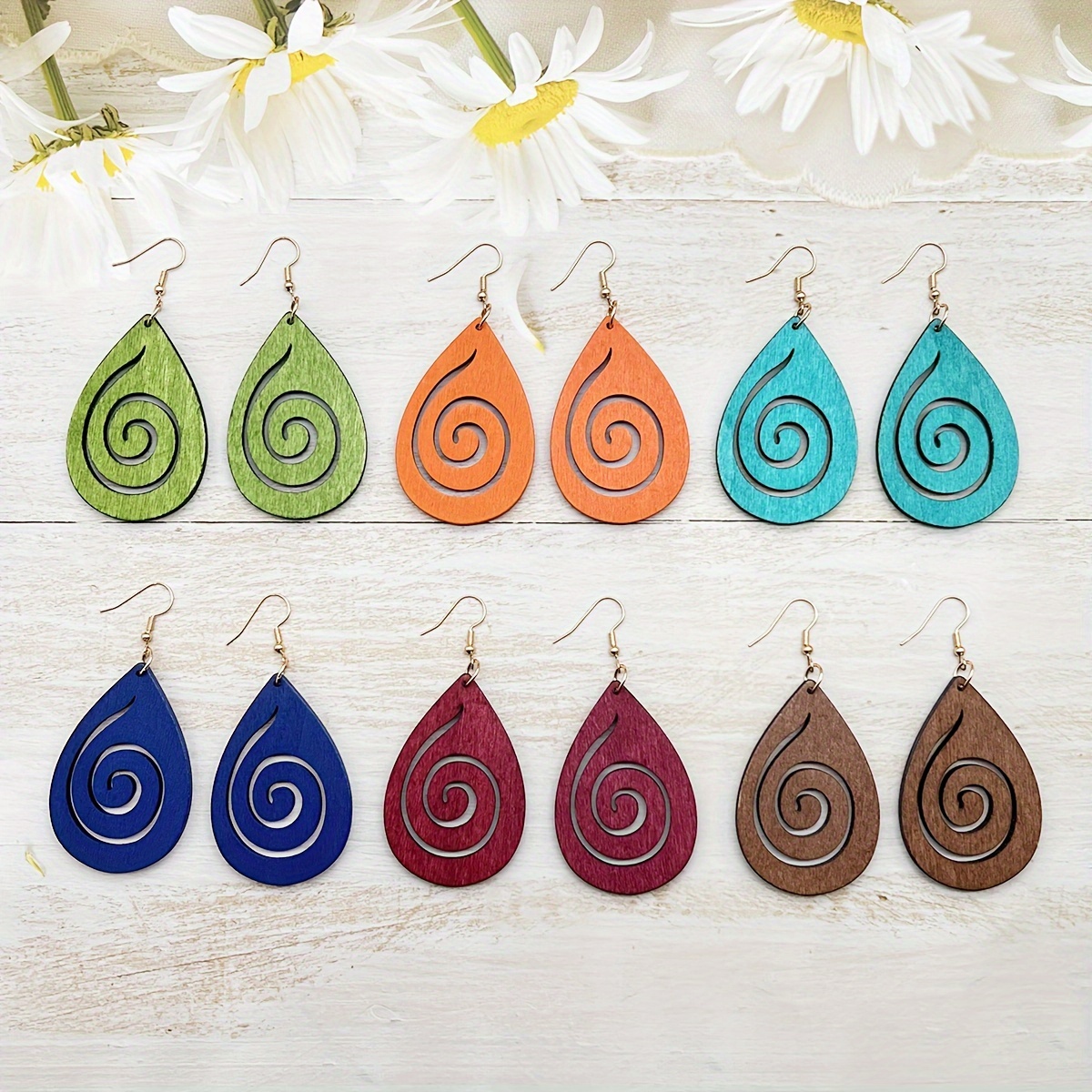 Image of 6 Pairs/set Creative Drop Hollow Snail Wooden Earrings And Earrings, Bohemian Trendy Versatile Combination Wooden Earrings For Women