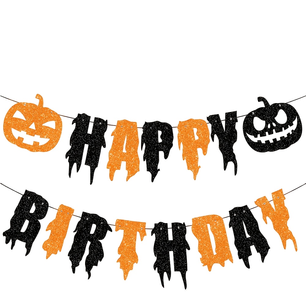TEMU 1 lot de bannière pailletée " Anniversaire Halloween", guirlande de lettres noires et oranges à effet dégoulinant avec découpes de citrouilles,
