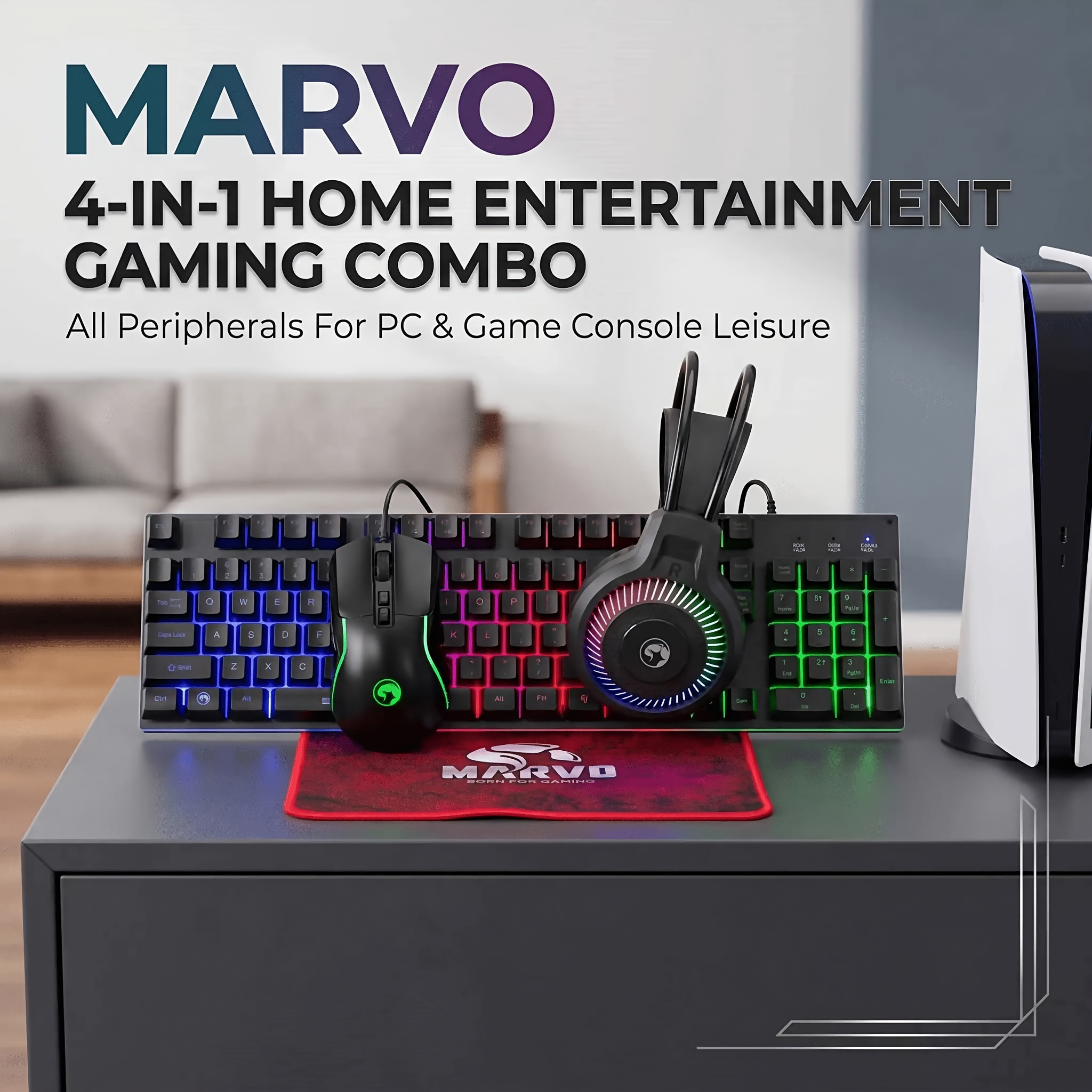 TEMU 1 Set Full Wired Gaming Bundle Keyboard Mouse Headset Mousepad, 3-color Backlit Keyboard, 7-color Adjustable Cpi Mouse, Anti-sweat Rubber Base