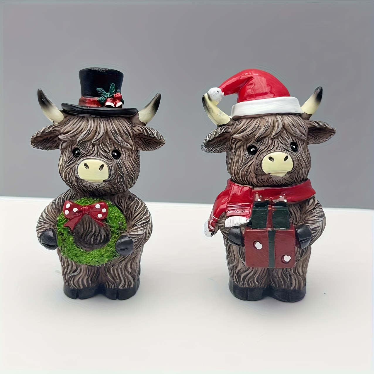 TEMU 2 Christmas Highland Cow Ornaments With Gifts - Hand Painted Resin Tabletop Decor With Christmas Hat And Gifts, Winter Theme Home Decor,