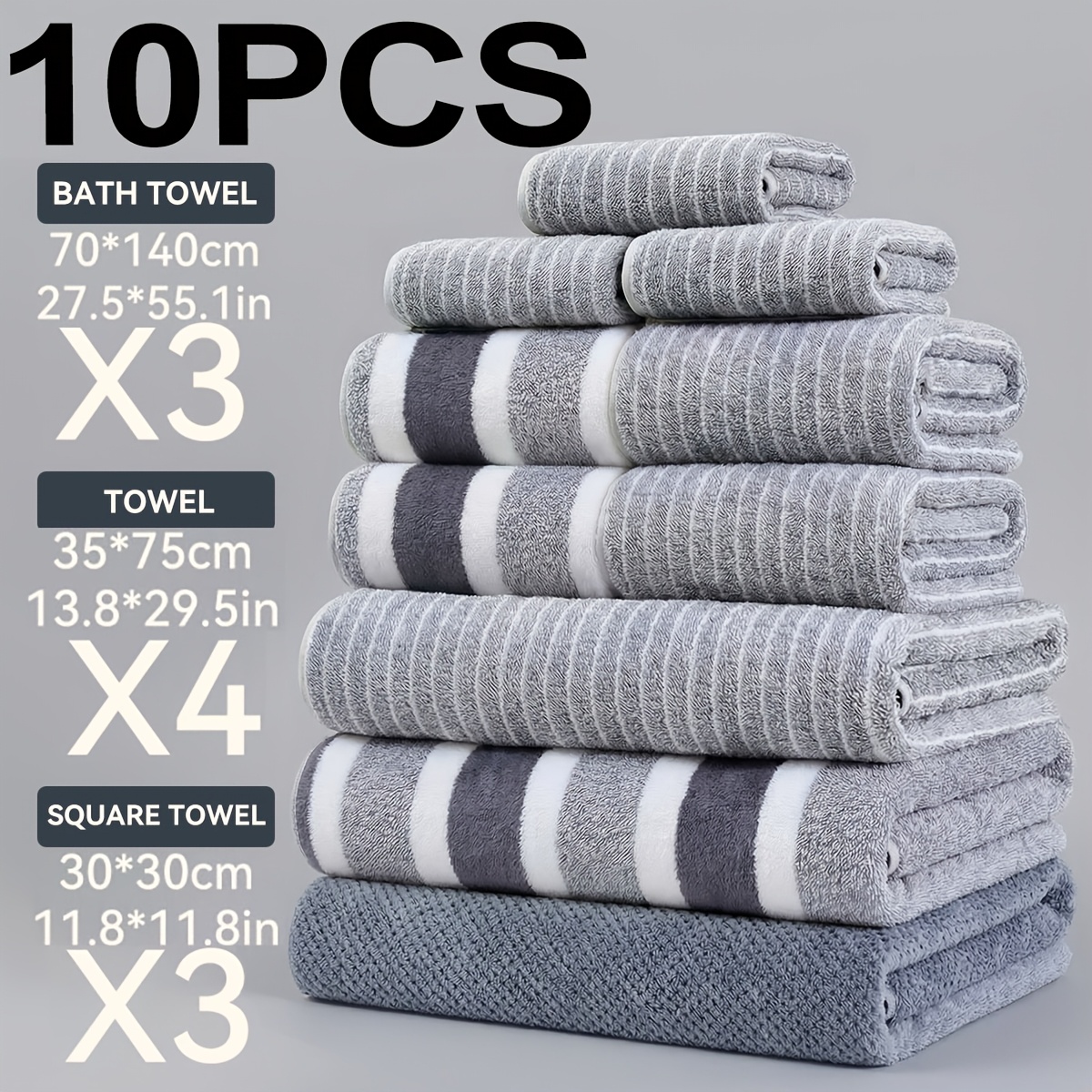 TEMU 10-teiliges Set aus Badetüchern , inklusive 3 Badetüchern (70 cm x 140 cm), 4 (35 cm x 75 cm) 4 Handtüchern (30 cm x 30 cm). Gestreiftes Design,