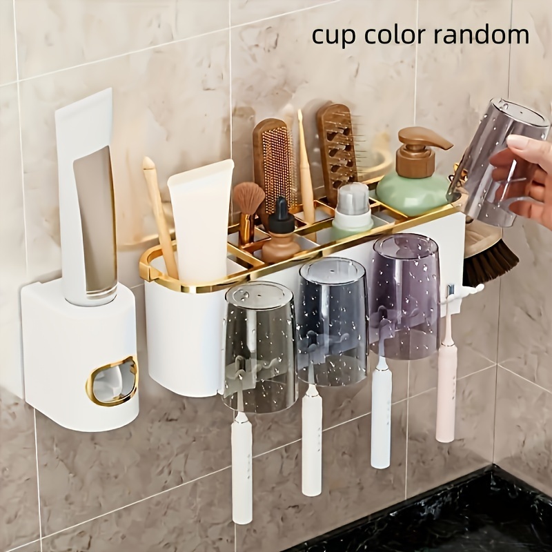 TEMU 1pc, Wall-mounted Toothbrush Holder With Cups, Bathroom Storage Rack, Toothpaste Organizer, Space-saving, For Home & Bathroom Use, Gifts/christmas Gifts