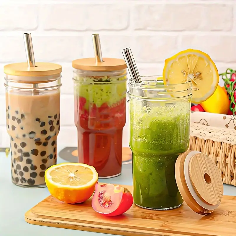 2pcs 4pcs insulated glass cup cold drink cup slush cold drink glass straw cup water cup wooden lid with cup cover straw straw cleaner home cold drink party beverage accessories Product details 0