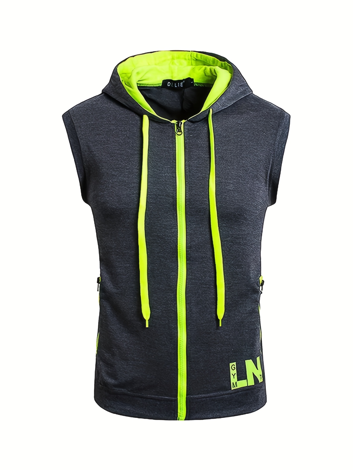 *'S Sleeveless Zip-Up Hoodie Muscle Vest Navy Blue with Neon Green  Accents, Adjustable Drawstring Hood, Lightweight for Gym, Running, Hiking  O