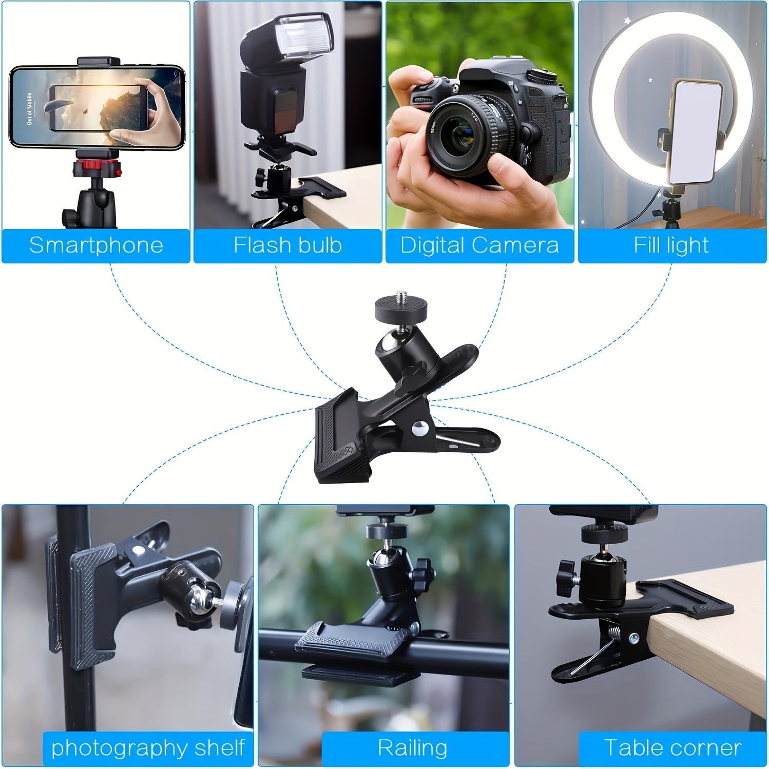 

Adjustable Tripod Camera Clip Clamp With 360° Swivel Ball Head, 1/4" Screw For Dslr, Slr, Video Cameras, Studio Backdrop, Flash Reflector Holder