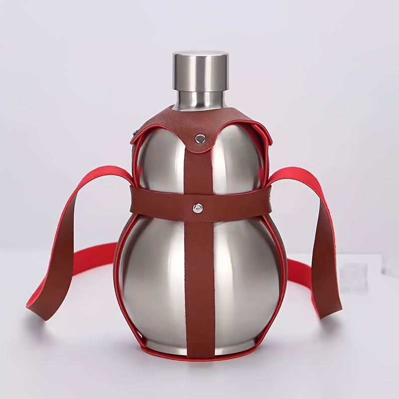 TEMU 304 Stainless Steel Gourd , Food Grade Portable Wine Bottle With Pu Strap Leak-proof Outdoor Camping Hip