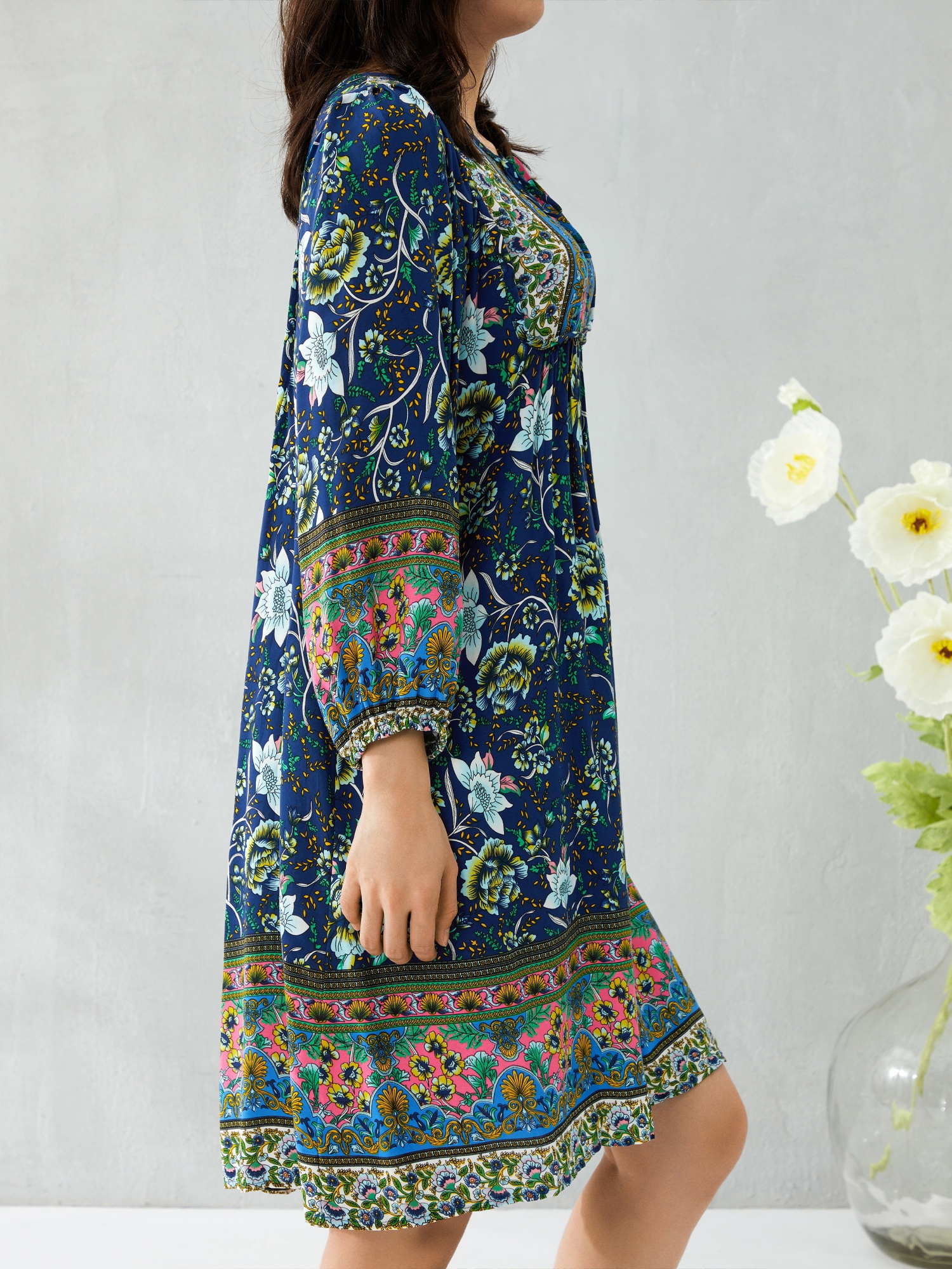 womens boho mini dress summer floral 3 4 long sleeve v neck