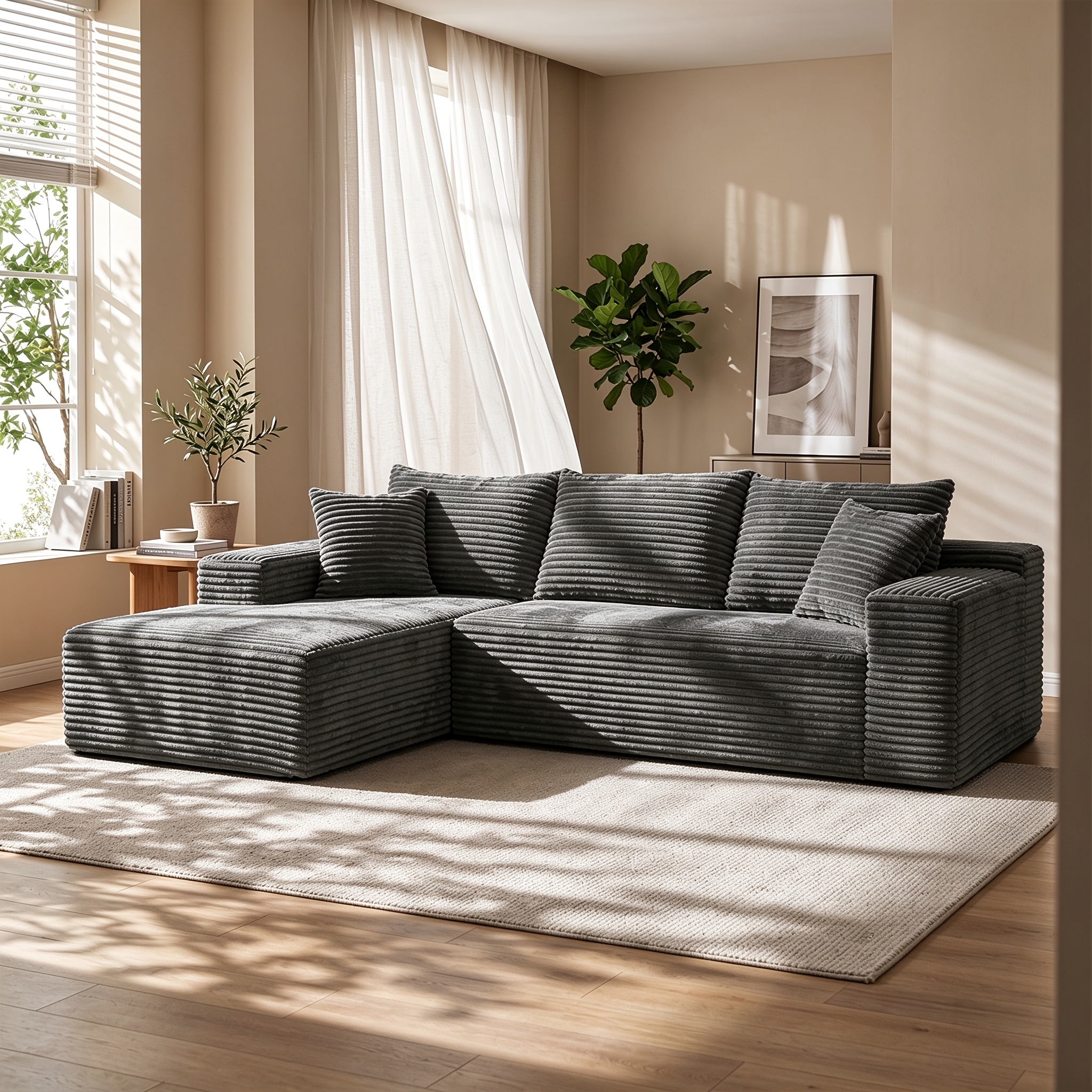 Image of L-shaped Cloud Sectional Sofa, 92in 3-seat Soft Durable Corduroy Frame-free Sofa With Large Chaise Lounge, Deep Seat Modular Design, No Assembly Needed, For Living Room Bedroom Office