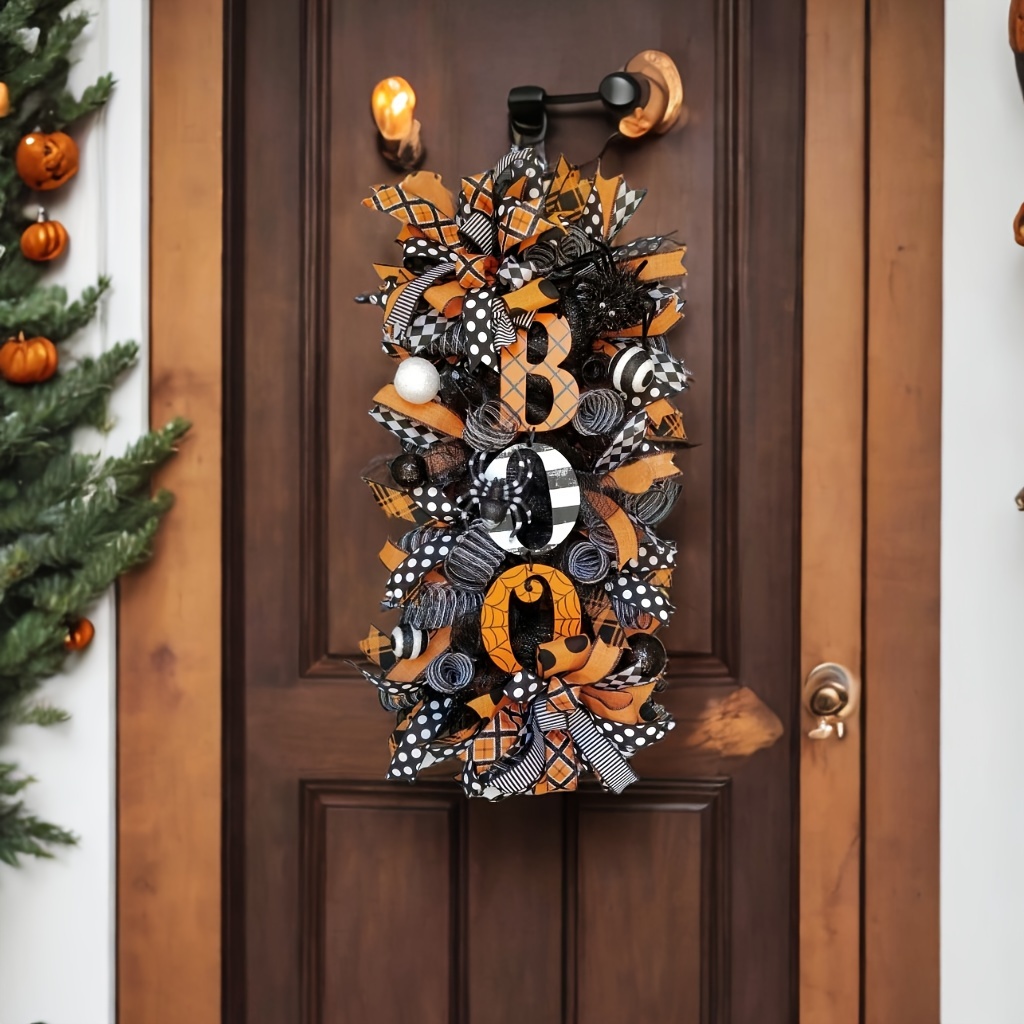 

19.69in Wreath Front Door Wall Hanging Holiday Party Garden Decoration, Wreaths, Autumn Wreath, Fall Boo Wreaths, Front Door Ornaments, Spider Mesh And Ribb