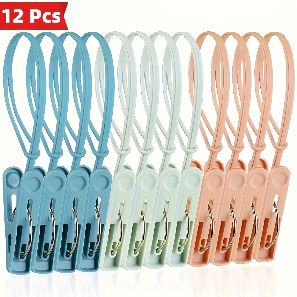 Image of Set Of 12 Wind-resistant Multi-functional Drying Clips With Rope, Ideal For Securing Towels, Socks, And Other Clothing Items While Traveling Or At Home, Clothes Pins