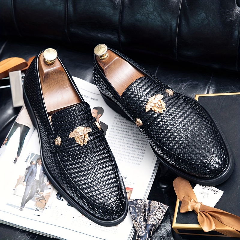 mens classic slip on loafers with decorative universal fit solid color low top oxfords with pu upper inner insole stylish business casual derby shoes details 0