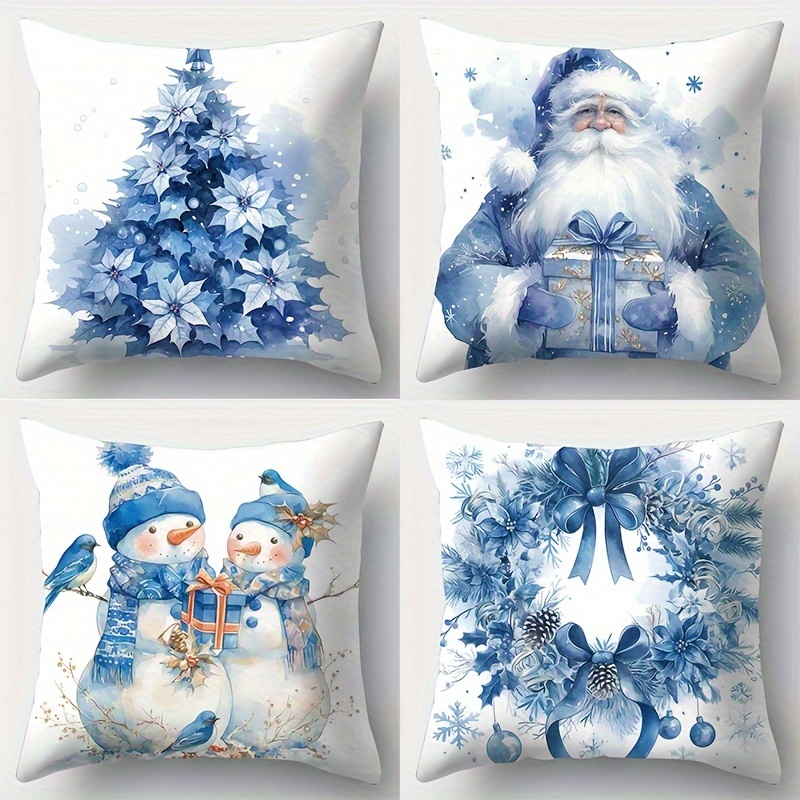 

4pcs Christmas Throw Pillow Covers Set - Soft & Comfortable, Blue And White With & Trees Designs, Zip Closure For , Living Room Decor, Touch, Christmas