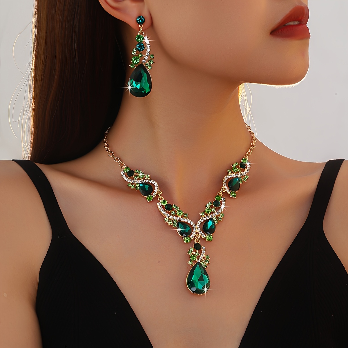TEMU Ensemble collier et boucles d'oreilles 2 pièces pour femme, strass de violette à ton doré, parure de bijoux de , accessoires cadeaux pour