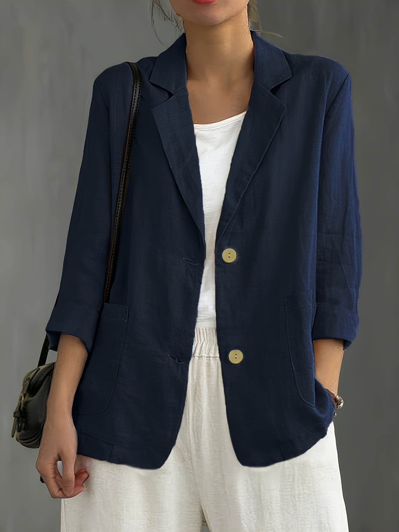 womens casual solid color padded shoulder three quarter sleeve   jacket