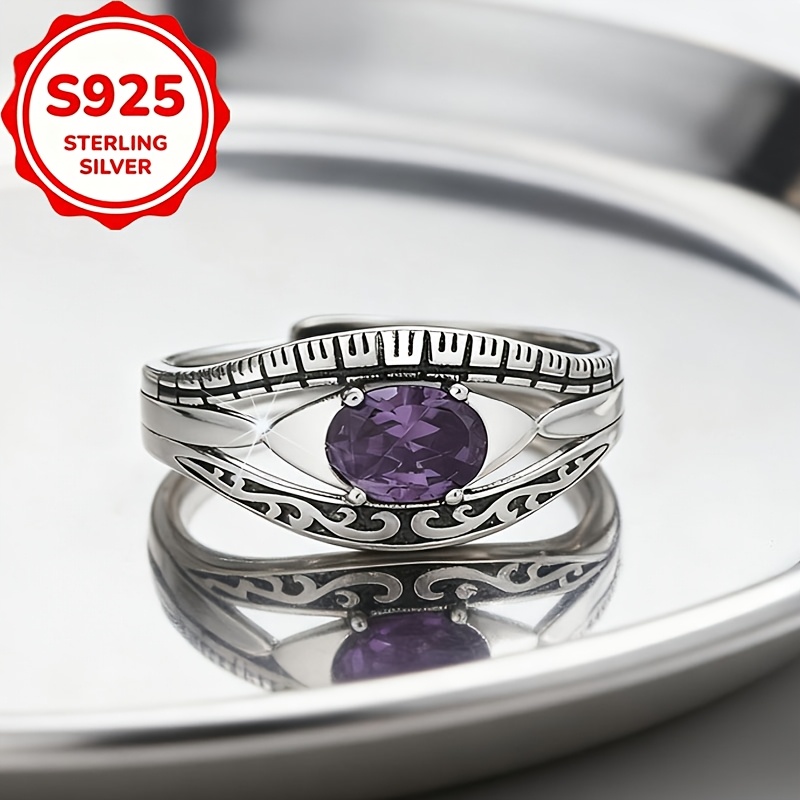 Women's S925 Silver Vintage Carved Purple Zirconia Open Ring