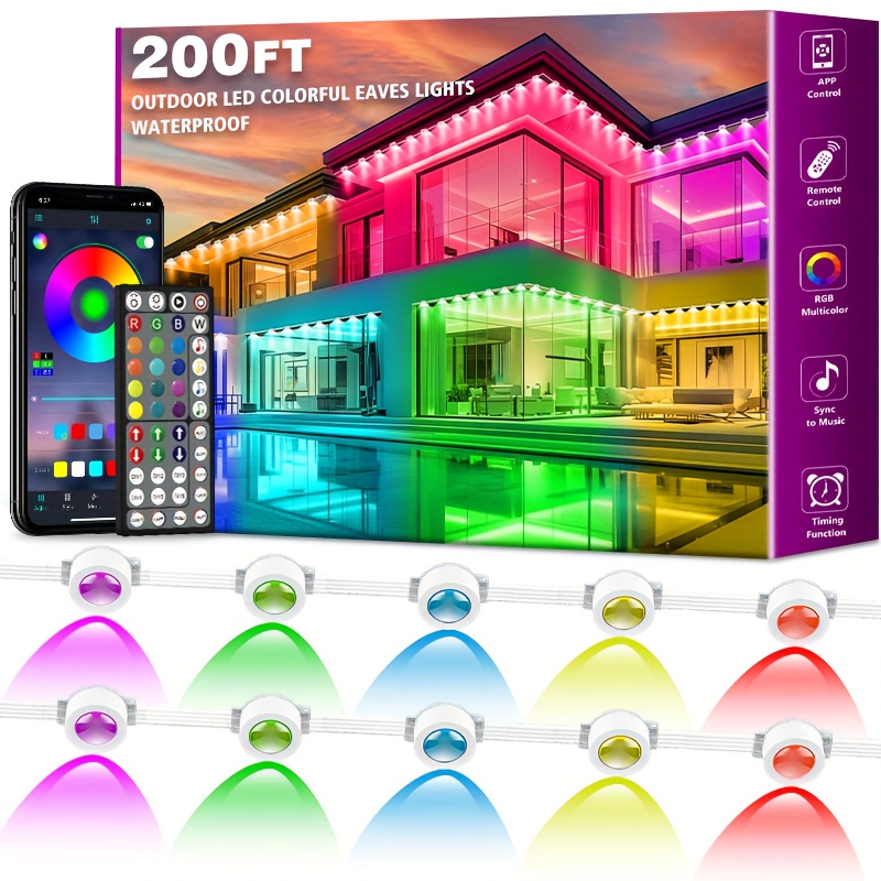 TEMU 200ft Permanent Outdoor Lighting, Rgb Lights With App Control Remote, Scene Modes Waterproof Outdoor Under Eave Lighting, Outdoor Lights For