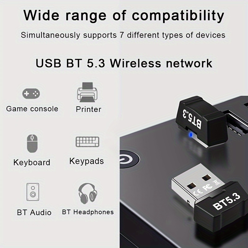 

Usb Wireless 5.3 Adapter For Pc, Usb Wireless Dongle Receiver For Laptop/headset/keyboard/mouse Speakers, Windows 11/10/8.1 Plug And Play, Automatic Backward Compatibility With 3.0/4.0/5.0/5.1 Devices