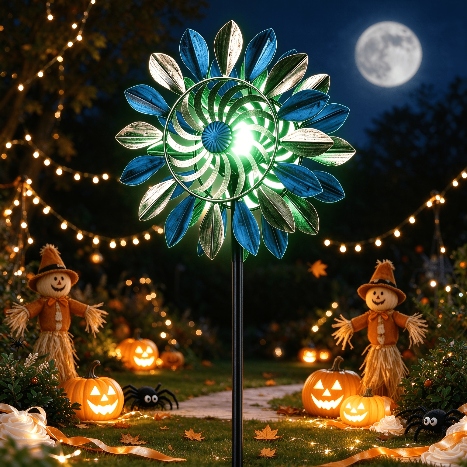 TEMU Metal Solar Leaf Wind Spinner With Double-sided Rotating , Led , Auto Solar Power, Weatherproof Garden Decor For Yard, Lawn, Patio, And Walkway,