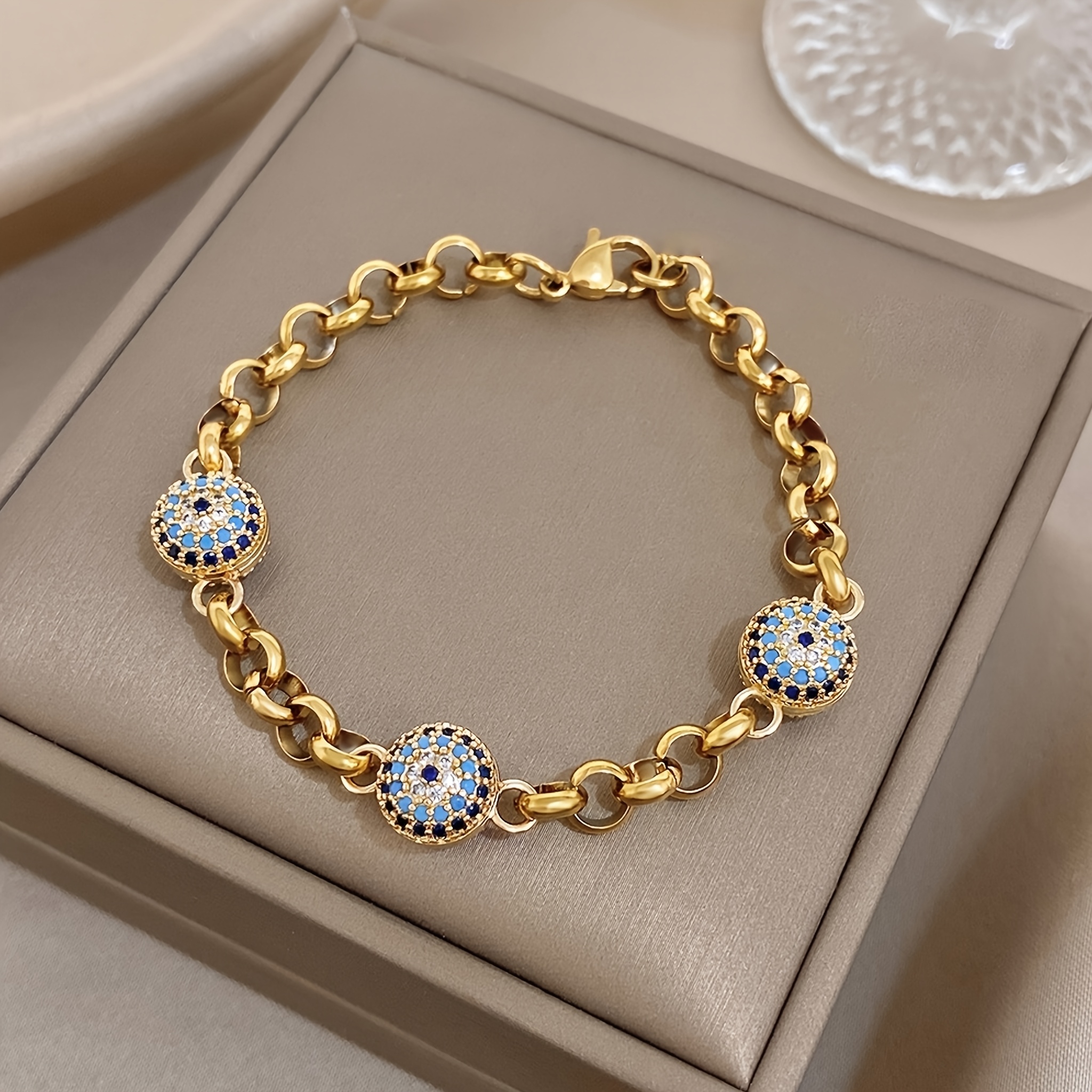 TEMU A Vintage Synthetic Zirconia Blue Eye Bead Bracelet For Women, With A Golden Stainless Steel Chain, Suitable For Parties, The Beach, Birthday