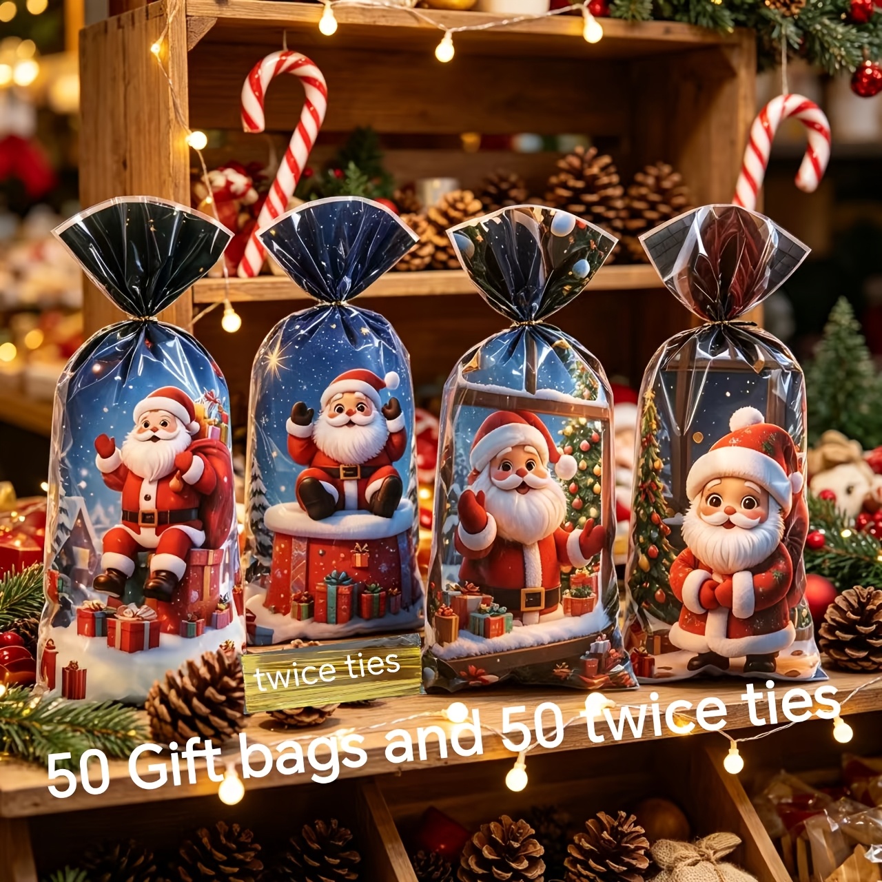 TEMU 100pcs Pack (4 Styles Mixed 50pcs Bags And 50pcs Golden Twist Ties) Ins Exquisite Santa Claus Gift Packaging Bags High Aesthetic Paper Bags For