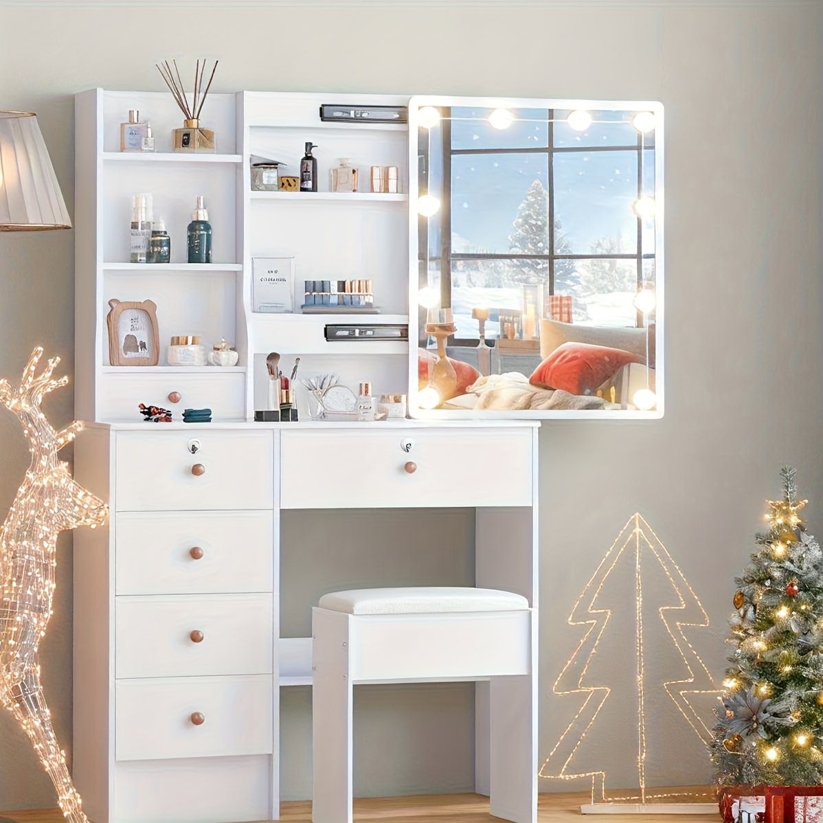Christmas New Arrival Ladies' Gift: Vanity Table Features Multiple Led Bulbs In , Adjustable Brightness On -up Mirror, Multiple Drawers, Open Shelving, Storage Space. From Local , Ideal For Bedrooms