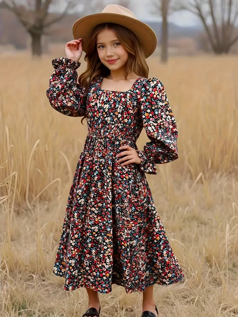 girls long sleeve floral neck dress vacation - Temu Bahrain girls long sleeve floral neck dress vacation - Temu Bahrain