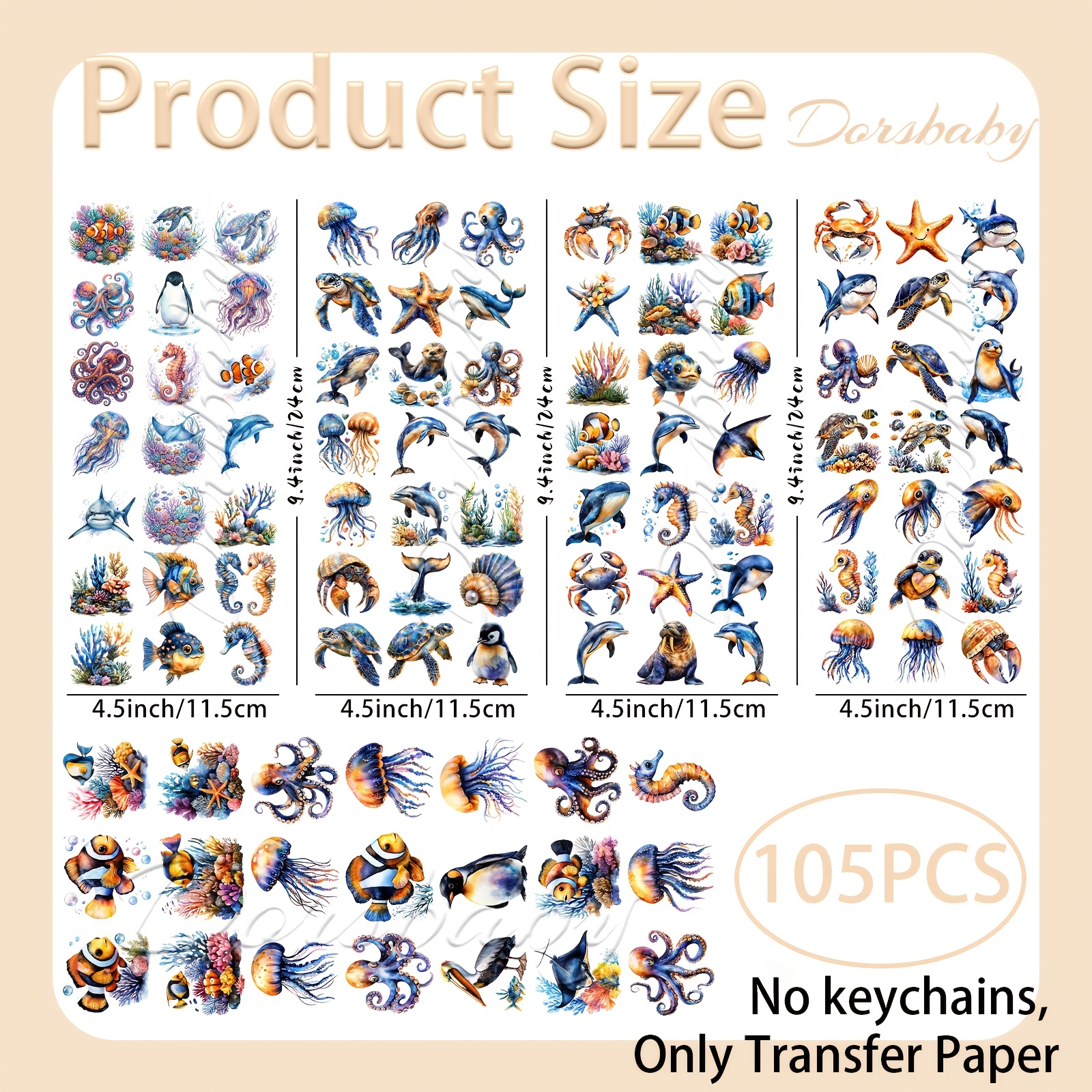 TEMU 105pcs Watercolor Ocean Animals Style Uv Dtf Transfer, Strong Adhesive Rub On Transfers For Keychain, 16oz Glass Cans, Permanent Diy For