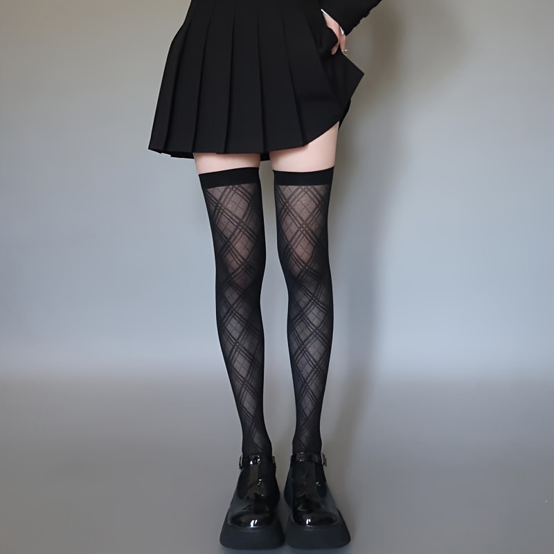 

Slimming Black Argyle Thigh-high Socks For Women - Breathable Nylon , Stretchy & Comfortable Over-the-knee Stockings