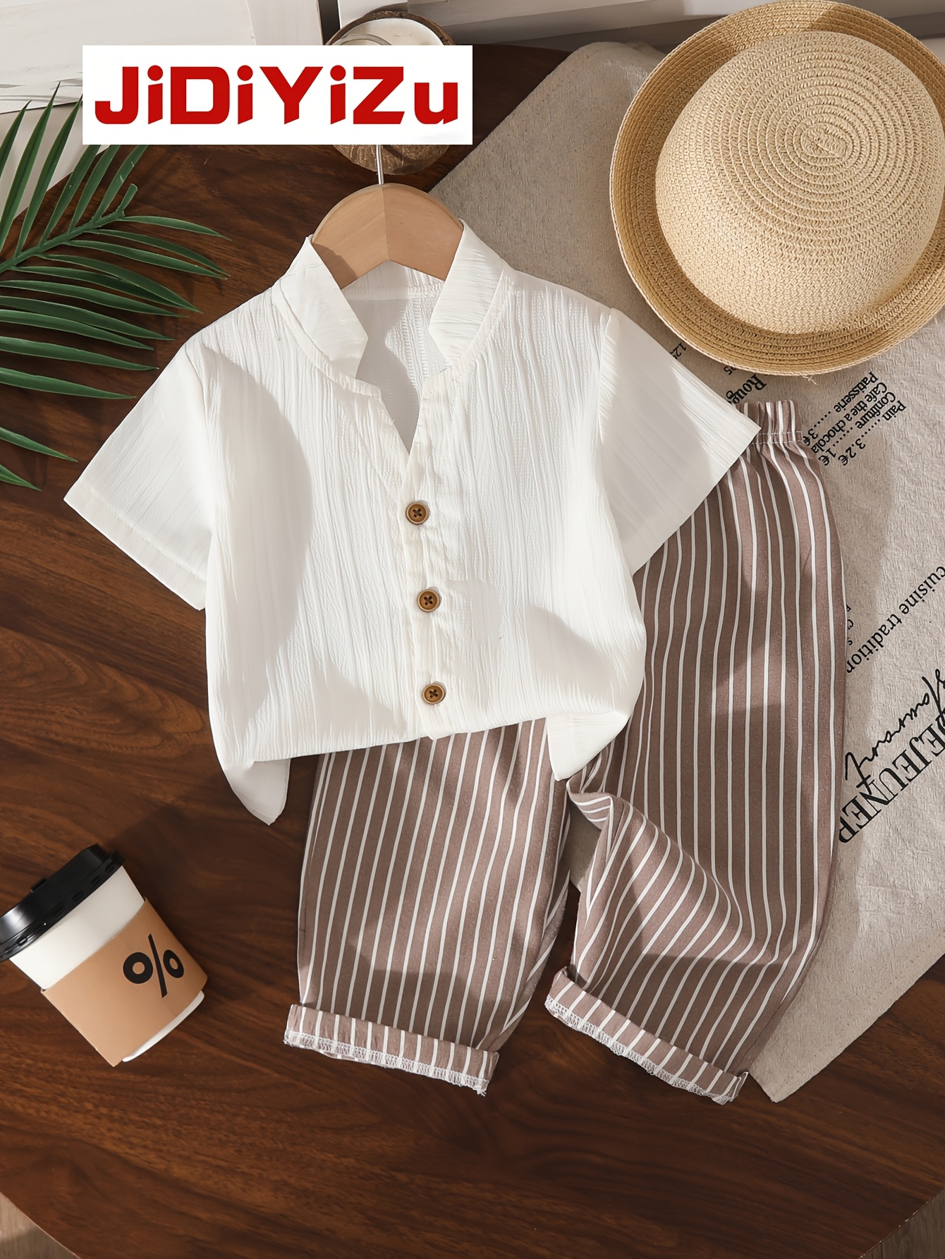 boys solid woven casual shirt and striped pants set suitable for daily outdoor leisure for outdoor