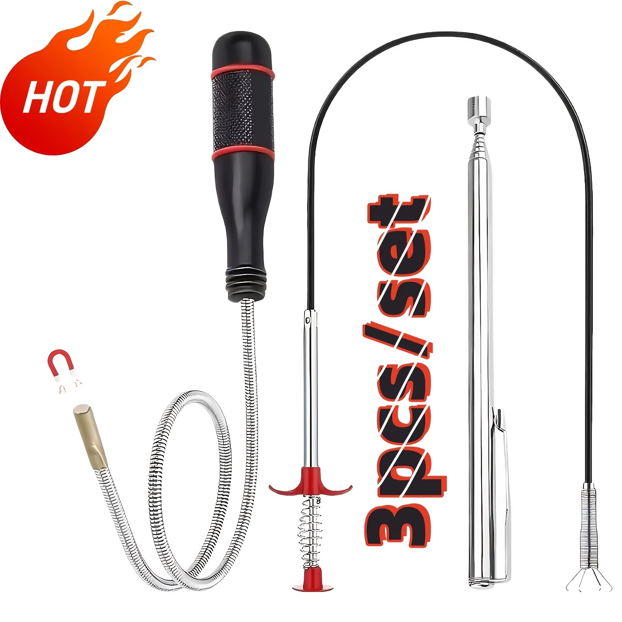 E-shop Universal 3-teiliges Set Teleskop-Saugnapf-Werkzeug - Manueller Saugnapf-Stab, kein Bücken zum Aufheben von Schrauben, ideal für schwierig