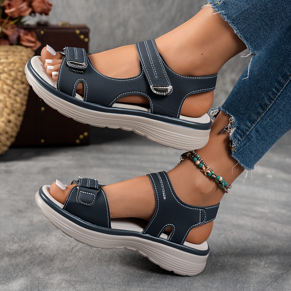 womens summer casual black sandals breathable pu cover open toe platform heel adjustable ankle strap with hook loop closure comfortable wedge heel stylish beach footwear for   strappy sandals Product details 16