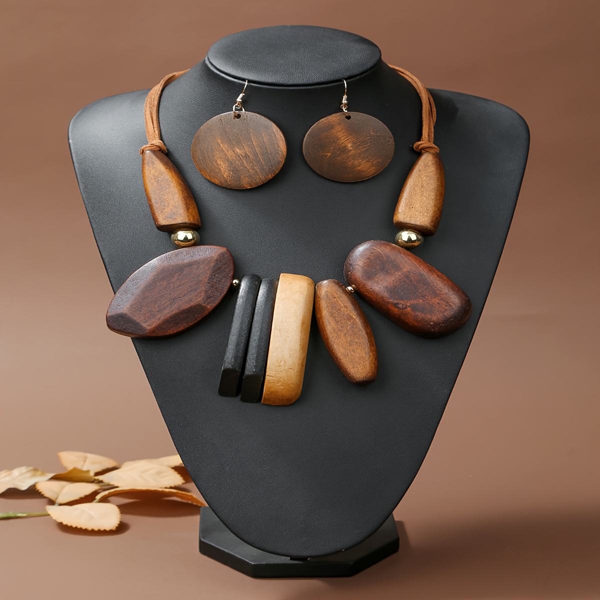 TEMU 2pcs Exaggerated Bohemian Style Wooden Necklace And Earring Jewelry Set Suitable For Women