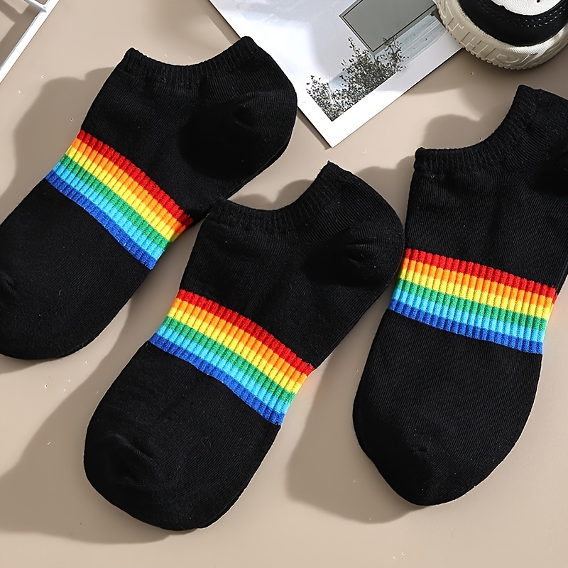 

3 Pairs Of Men's Cotton Blend Fashion Rainbow Pattern Extra Low-cut Socks, Comfy & Breathable Anti-odor Sweat Absorption Socks, For Daily Wearing