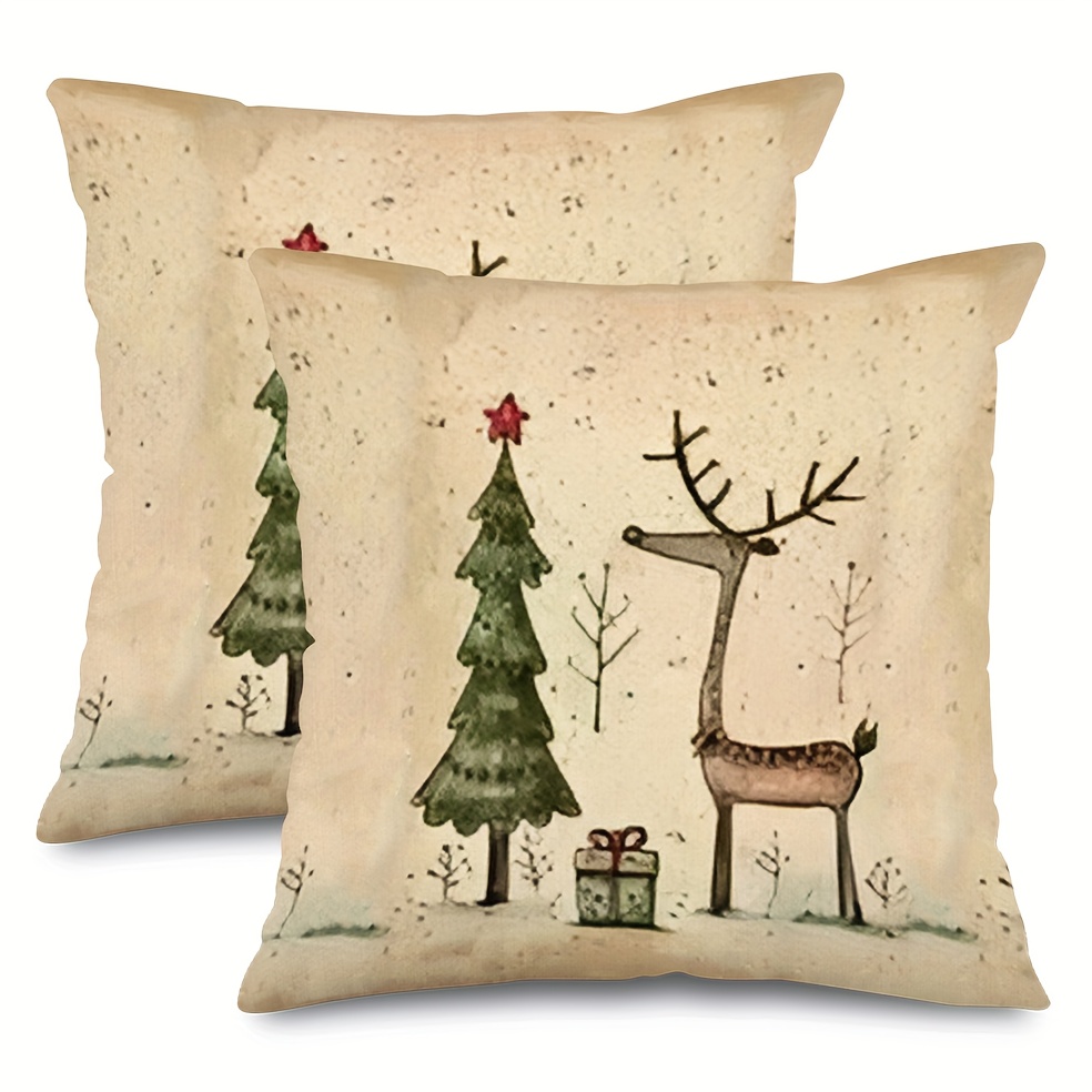 Dokriy, 2pcs, Linen Vintage Winter Throw Pillow Covers, Reindeer Pillowcase Under The Holiday Christmas Tree, Suitable For Christmas Pillow Decoration Sofa, Single Sided Printing, No Pillow Core