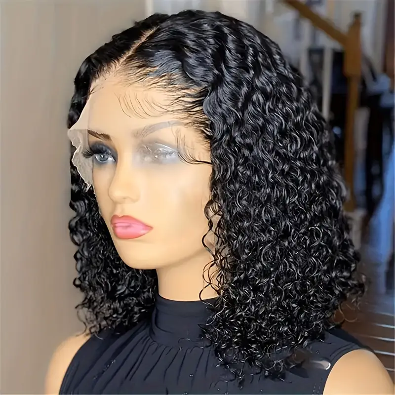 glueless human hair 150 density water wave lace frontal short bob wig lace wigs for women with 13x4 hd transparent lace middle part water curly lace part details 0