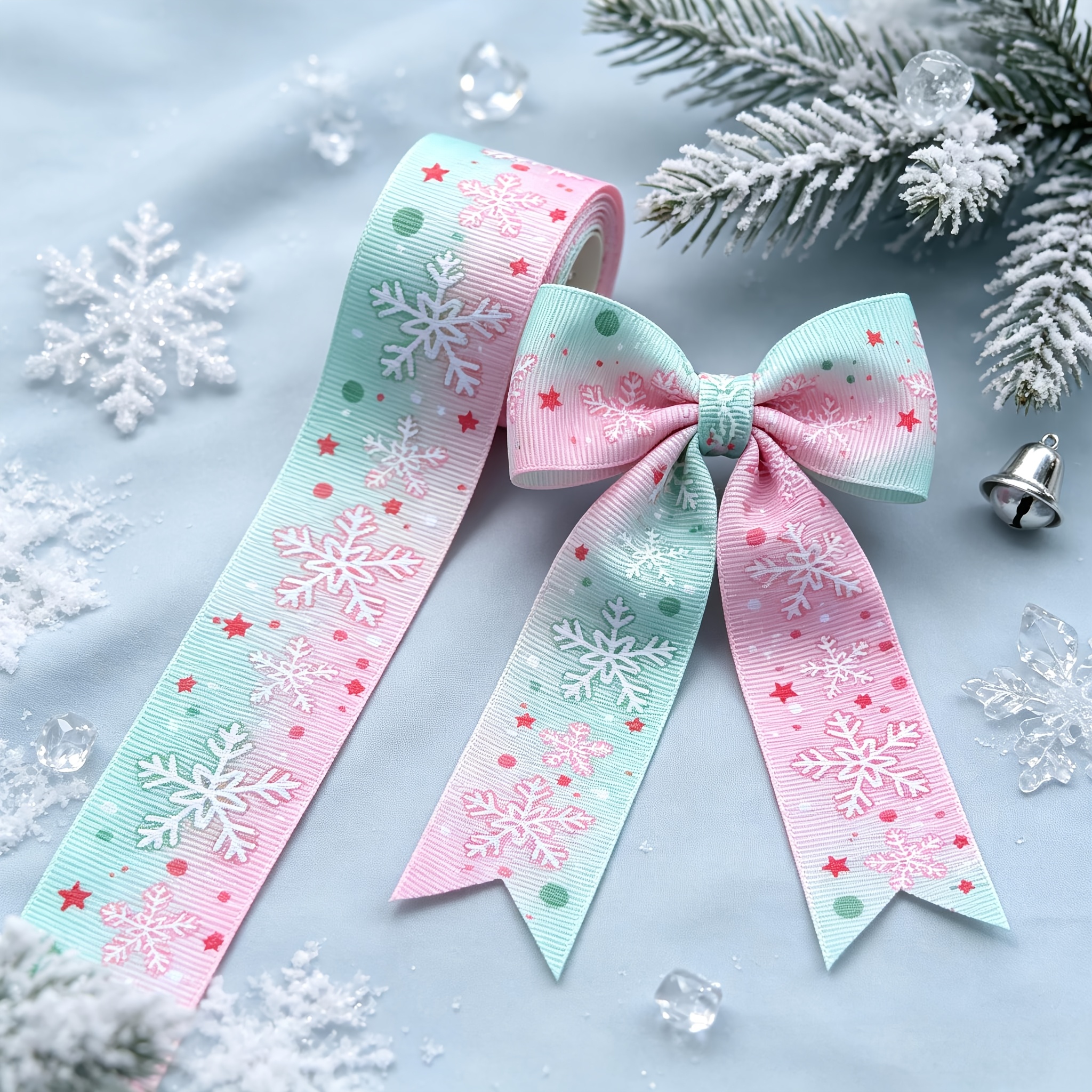 TEMU de Ruban Côtelé Élégant et Imprimé de Neige de Noël, Idéal pour les Extensions de Cheveux, Cadeaux, la Décoration de Gâteaux aux Fruits et les