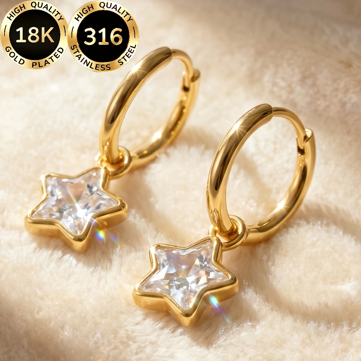 TEMU A Pair Of High-quality Steel 18k Gold-plated Hypoallergenic Earrings For Women, Featuring A Light Luxury, Sweet, And Five-pointed Star Pentagram