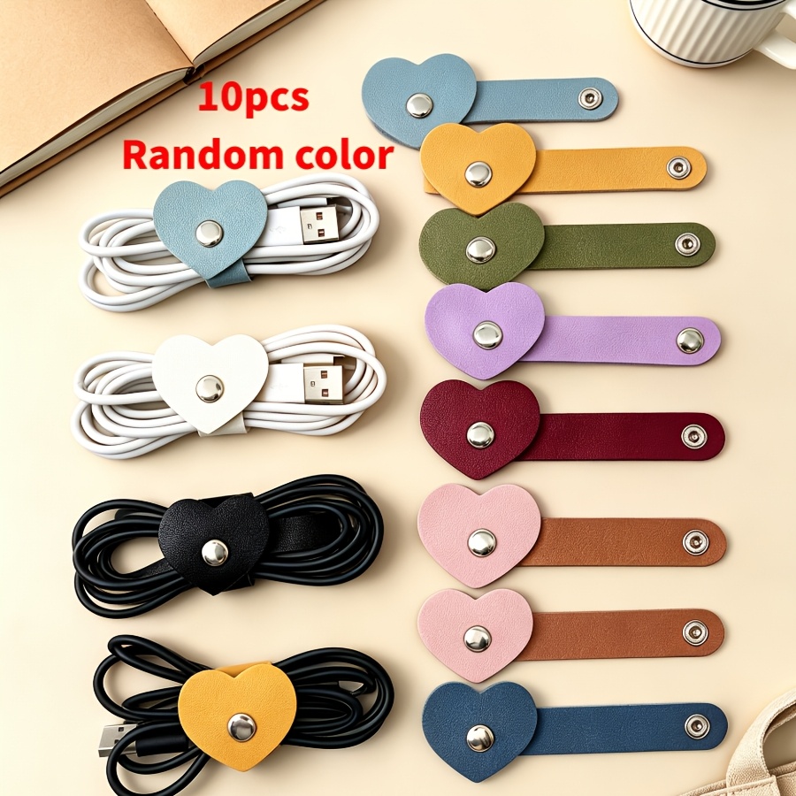 TEMU 10pcs Set Of 1pc Heart-shaped Data Cable Organizer , Faux Leather Cable Management Strap, Press-button Reusable Cable Organizer, -shaped Cable