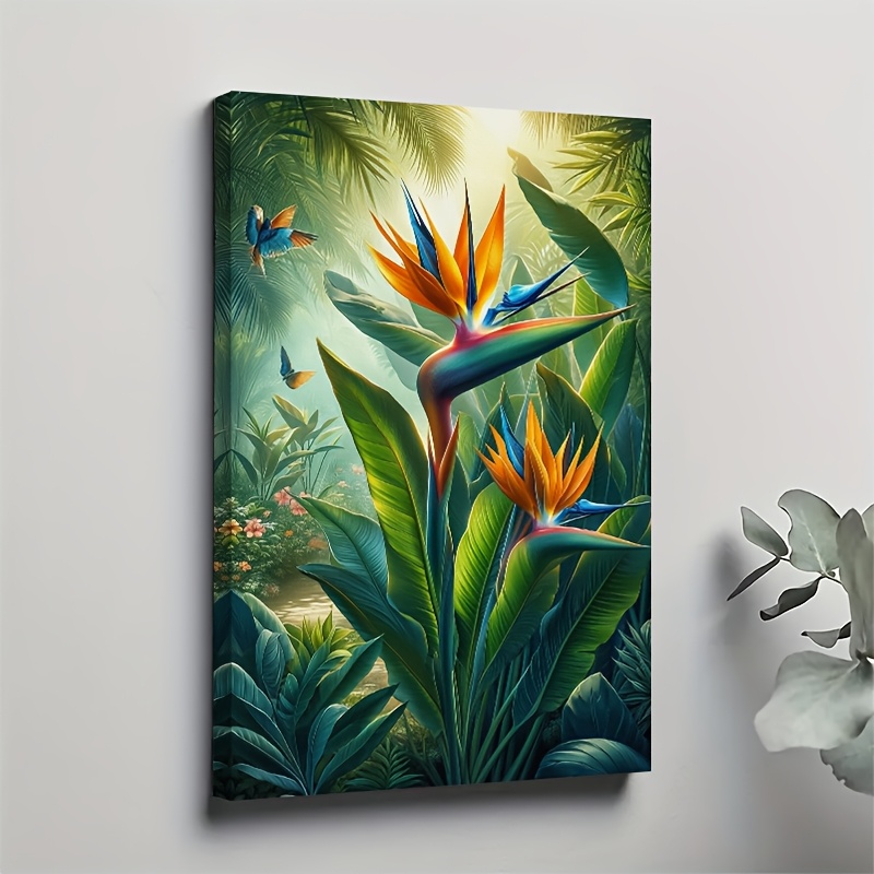 TEMU 2d Flat, 1pc Birds Of Paradise Wall - Tropical Jungle Canvas Poster With Solid Wood Frame, Wrap-around Suitable For Living Room Decor, Modern