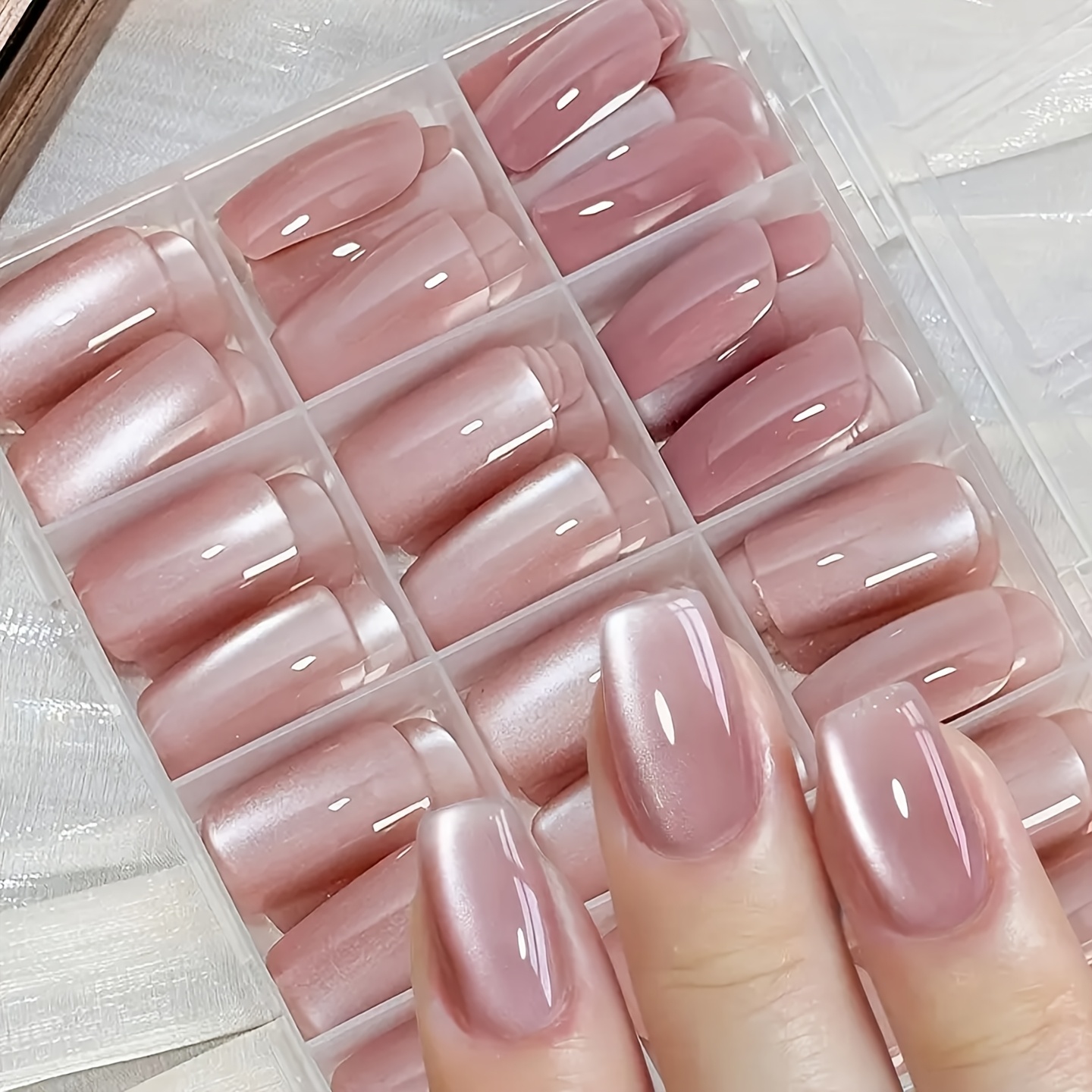 TEMU 120pcs/box Short Size Square Cat Eye Press-on Nails, High-end Elegant Shiny Pink Cat Eye False Nails, Women Wearable Nail Patches, Cost- Nail