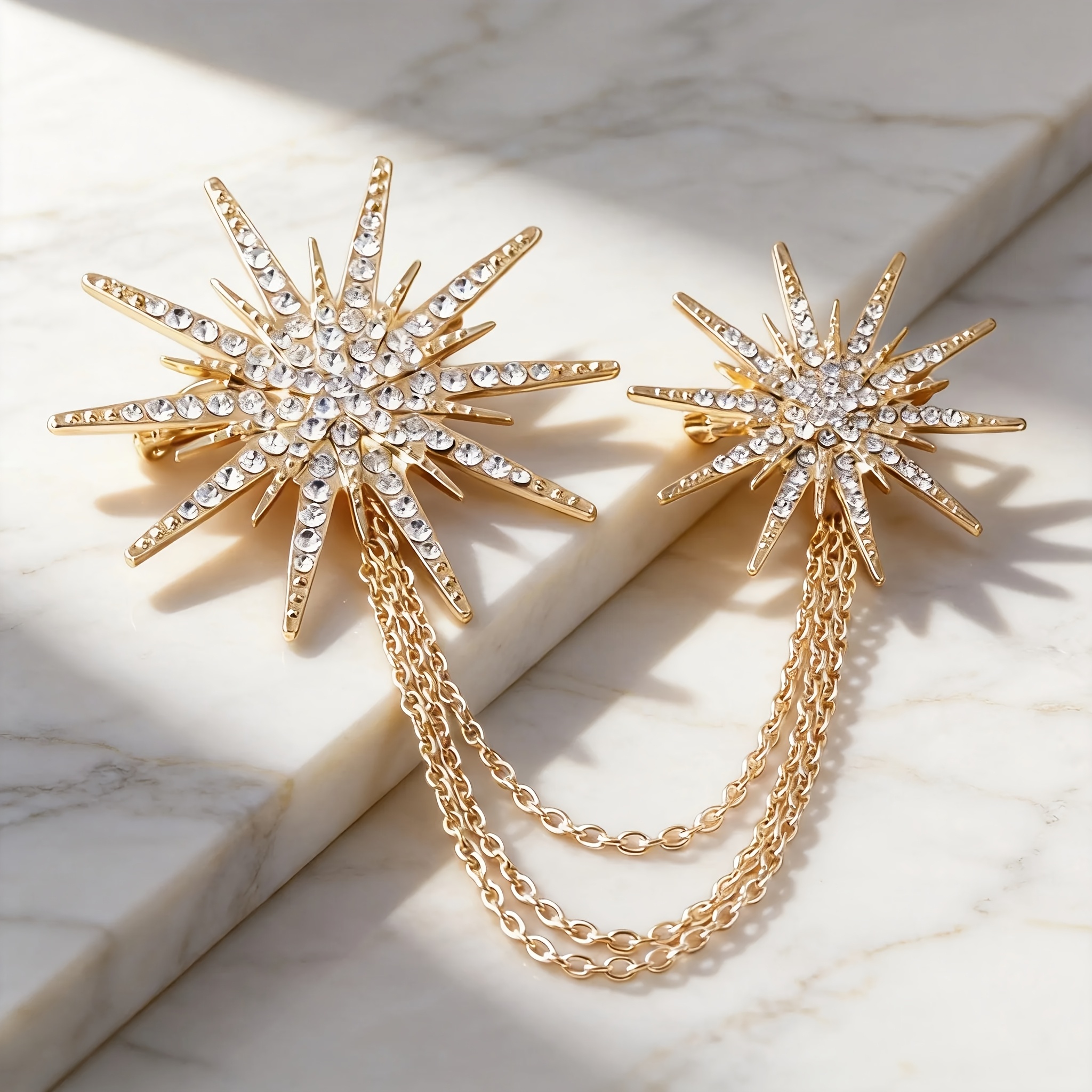 TEMU Broche de cadena con pedrería de estrella fugaz gemela y solar, accesorio de alfiler de borlas multicapa de lujo , broche de , accesorio de