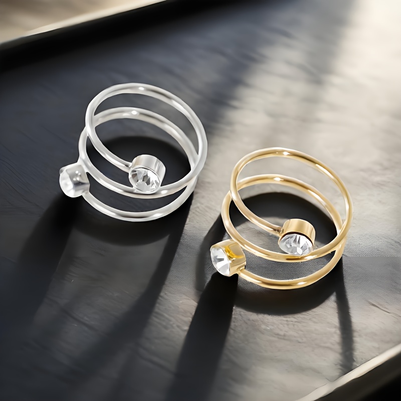 Women's Stainless Steel Coil Spring Ring with Rhinestone Accents