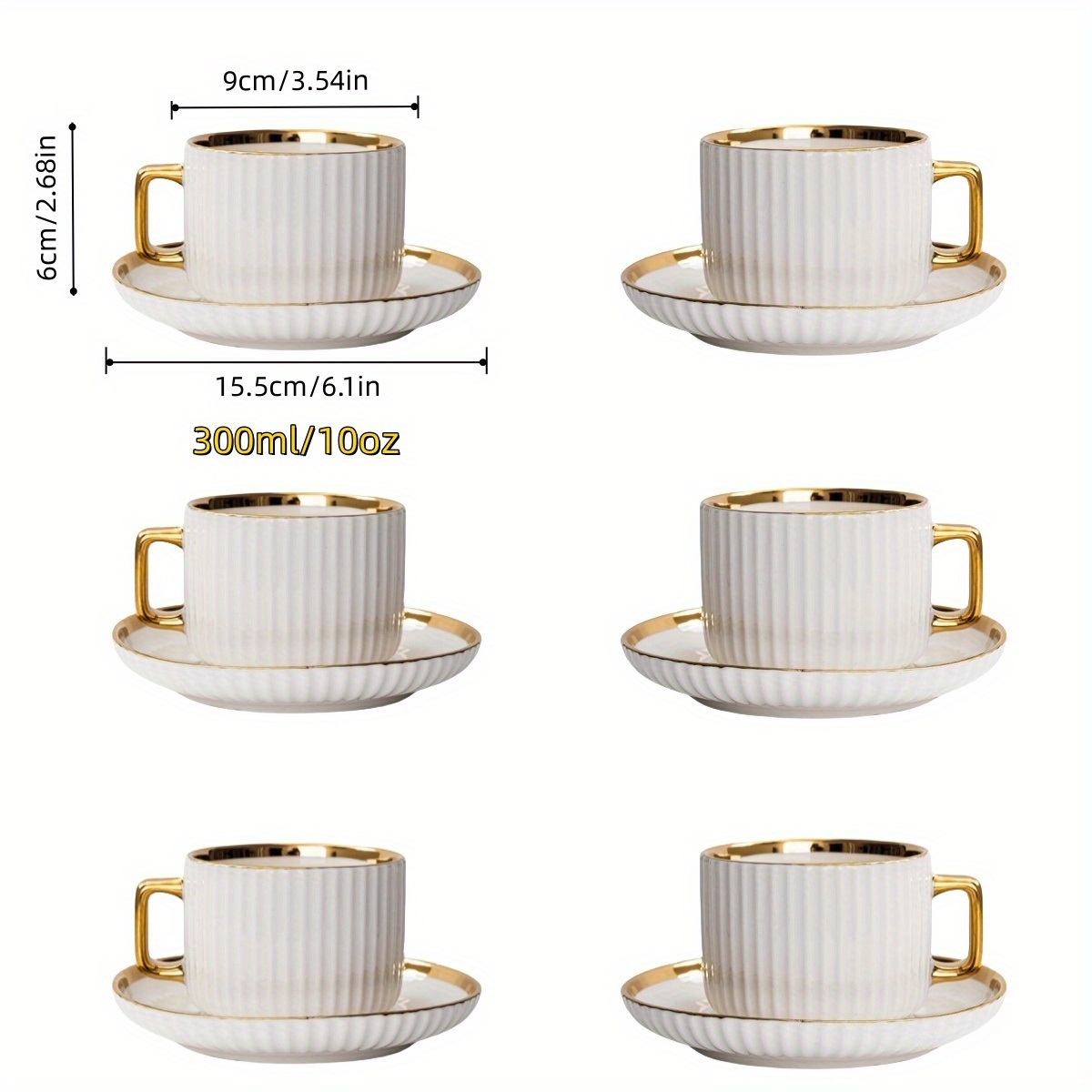 Porcelain Tea Cup And Saucer Set With Spoon - 6oz Cute Lemon Pattern Coffee Mug, Gold Accent Spoon, Gift Idea