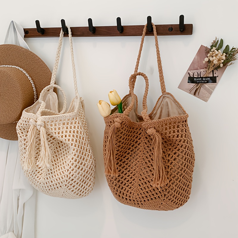 handmade crochet tote bag fringe details beige brown striped