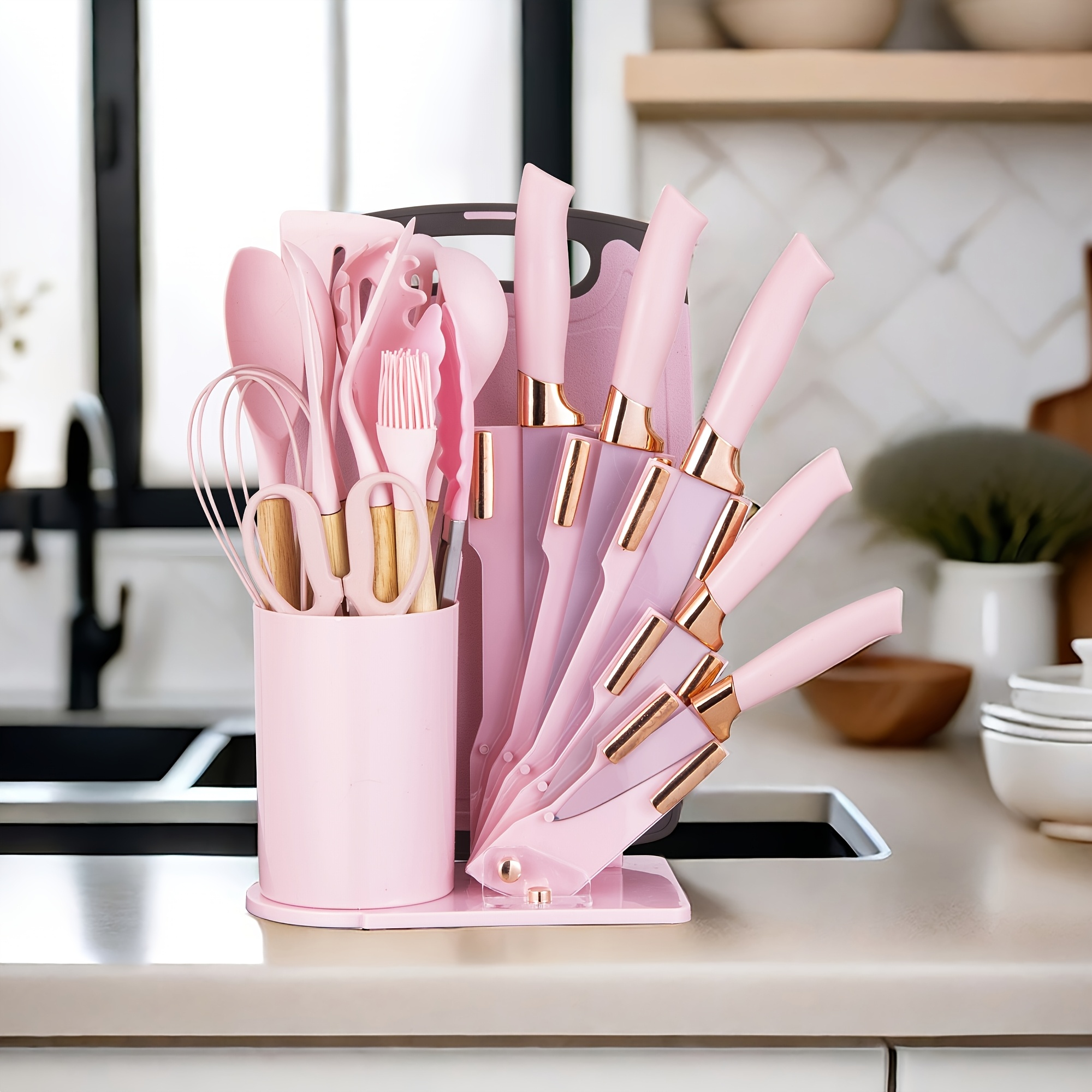 19 Sector Silicone Set And Knife Set, Perfect For Outdoor Camping - Heat-resistant, Non Stick, Wooden Handle, Easy To Clean - Perfect For Women'S Cooking Gifts, New Year'S And Valentine'S Day