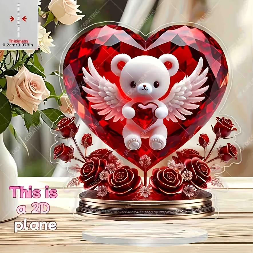 2d Flat - A Heart-shaped Pendant Featuring A Crystal Bear, Designed As A 2d Flat Acrylic Decoration For Desktops, Perfect For Home Use And As Gifts For Valentine's Day, Measuring 7.87x7.01 Inches
